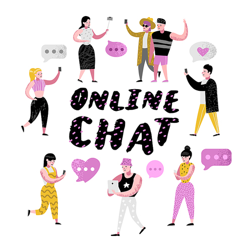 Cartoon People Using Mobile Applications for Online Chatting. Man and Woman Communicating on Social Networks with Smartphones. Vector illustration