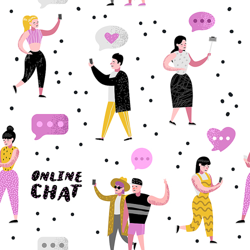 Seamless Pattern with Cartoon People Using Mobile Applications for Online Chatting. Man and Woman Communicating on Social Networks with Smartphones. Vector illustration