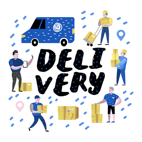 Delivery Service, Cargo Industry. Courier Characters Set in Different Poses. Postal Workers in Uniform with Parcels. Vector illustration