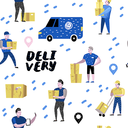 Delivery Service, Cargo Industry Seamless Pattern. Courier Characters Set in Different Poses. Postal Workers in Uniform with Parcels. Vector illustration