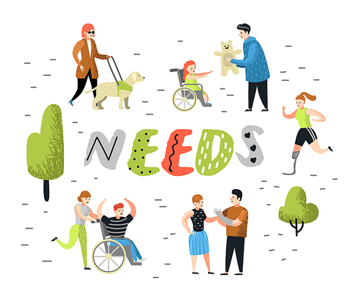 Flat People Characters Set with Special Needs. Disabled Cartoons, Man and Kid in Wheelchair. Disability Person, Woman with Prothesis. Vector illustration