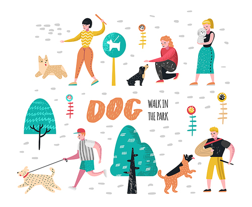 People Training Dogs in the Park. Characters Walking Outside with Pets. Vector illustration