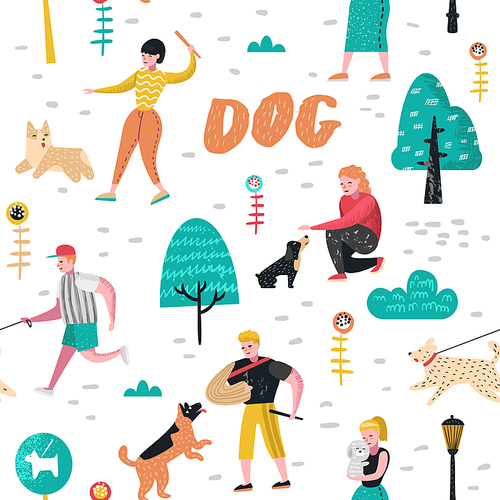 Seamless Pattern with People Training Dogs in the Park. Characters Walking Outside with Pets Background. Vector illustration