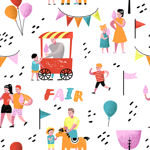 Summer Fun Fair Seamless Pattern. Amusement Park Characters with Cartoon People. Family Kids Vacation Background for Wallpaper, Fabric. Vector illustration