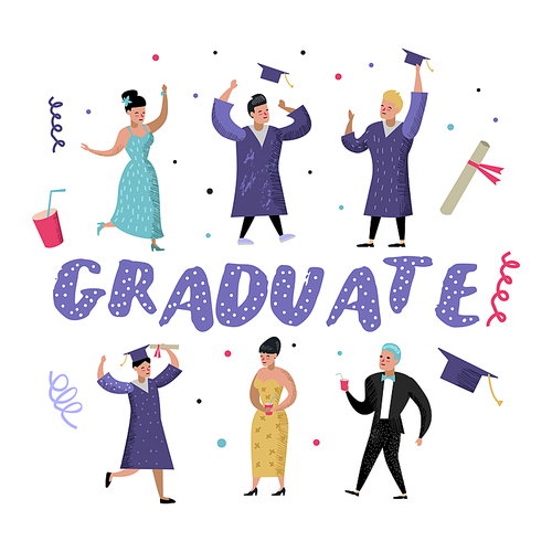 University Graduate Happy Students. Graduation and Education Concept. College People Characters Celebration. Vector illustration