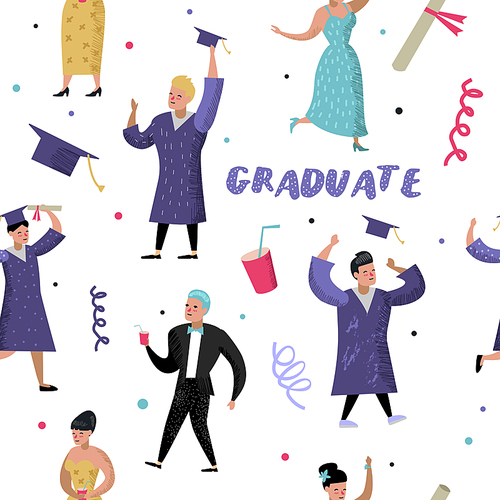 University Graduate Happy Students Seamless Pattern. Graduation and Education Background. College People Characters Celebration. Vector illustration