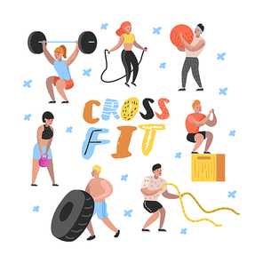 Sport Gym Flat People Characters with Barbells and Fitness Equipment. Workout, Crossfit, Bodybuilding, Muscular Exercises. Vector illustration