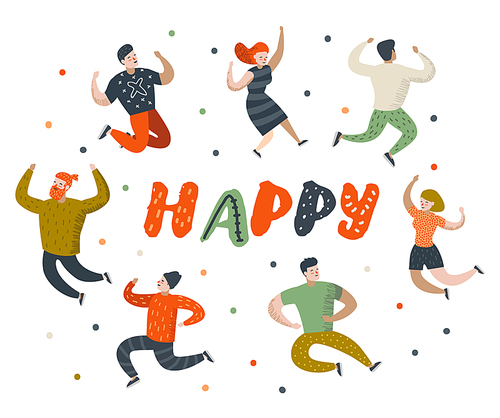 Happy Flat People Characters. Jumping, Dancing Cartoons in Various Poses. Happiness, Freedom, Joy Concept. Vector illustration