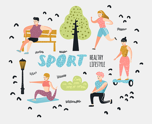 Summer Outdoor Sports Activities. Active People in the Park. Running, Yoga, Roller, Fitness. Characters Doing Workout Outside. Vector illustration