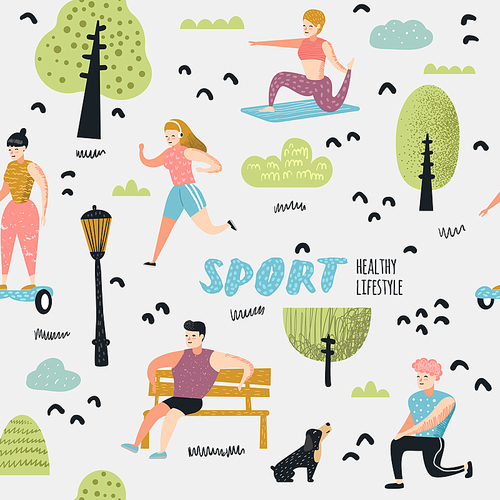 Summer Outdoor Sports Activities Seamless Pattern. Active People in the Park Background. Running, Yoga, Roller, Fitness. Characters Doing Workout Outside. Vector illustration