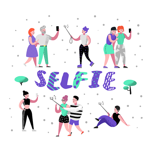 Young People Making Selfie with Smartphone. Flat Characters in Various Poses Taking Photo with Cellphone. Teenager with Mobile Device. Vector illustration
