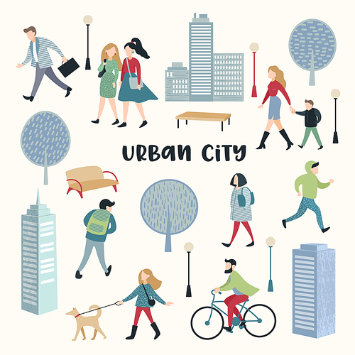 People Walking on the Street. Urban City Architecture. Characters Set with Family, Children, Runner and Bicycle Rider. Vector illustration