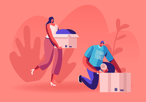 Young Man and Woman Teamworking Caring Altruistic Volunteers Collecting Clothes to Cardboard Boxes for Donation to Poor Homeless People in Complicated Life Situation. Cartoon Flat Vector Illustration