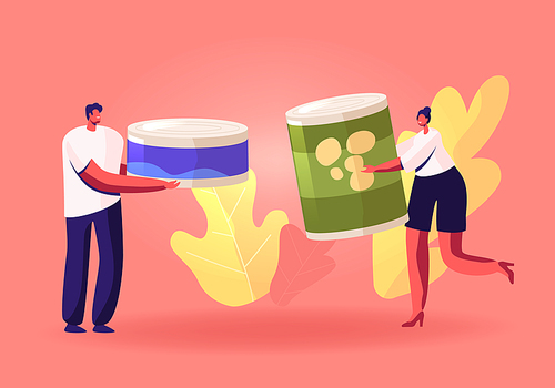 People Bringing Foodstuffs for Collecting Donation Box. Volunteers Prepare Food to Poor People. Man and Woman Holding Canned Food Jars Poverty and Volunteering Concept Cartoon Flat Vector Illustration