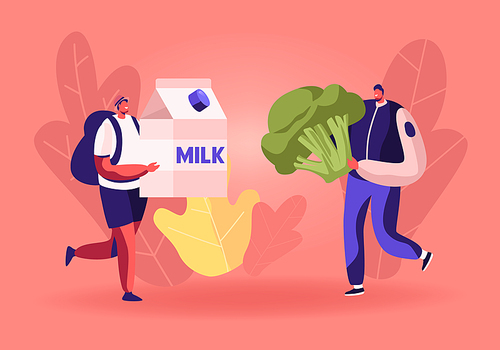 Male Characters Carry Huge Milk Box and Broccoli for Collecting Donation Box. Altruistic Behavior, Togetherness and Philanthropy Concept. Men Volunteers Teamwork. Cartoon Flat Vector Illustration