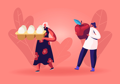 Team of Volunteer Working at Food Donation Center Sharing Products with People Outdoors. Selfless Women Carrying Package of Eggs and Apple Altruism and Charity Concept Cartoon Flat Vector Illustration