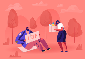 Homeless Man Sitting on Ground with Nameplate. Male Beggar Character with Sign Cardboard Ask for Help. Woman Volunteer Giving him Box with Donation. Poverty Concept Cartoon Flat Vector Illustration