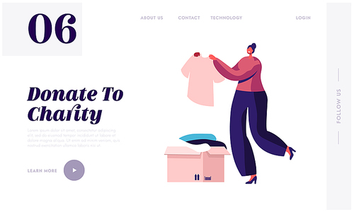 Woman Participating at Charity Website Landing Page. Selfless Kind Female Character Bring Box with Clothes for Desperate Poor People Living on Street Web Page Banner. Cartoon Flat Vector Illustration