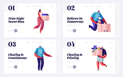 Social Care and Charity Website Landing Page Set. Volunteer Collect Donations Food Toys Different Things and Clothes for Poor People Need Help Support Web Page Banner. Cartoon Flat Vector Illustration