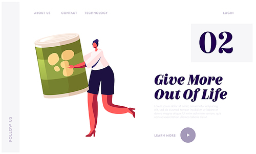 Poverty and Volunteering Website Landing Page. Woman Holding Canned Food Jar. People Bringing Foodstuffs for Collecting Donation Box, Social Support Web Page Banner. Cartoon Flat Vector Illustration