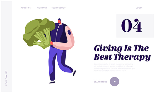 Food Donation Website Landing Page. Worker of Charity Organization Volunteer or Selfless Person Bringing Broccoli for Collecting Box for Homeless Web Page Banner. Cartoon Flat Vector Illustration