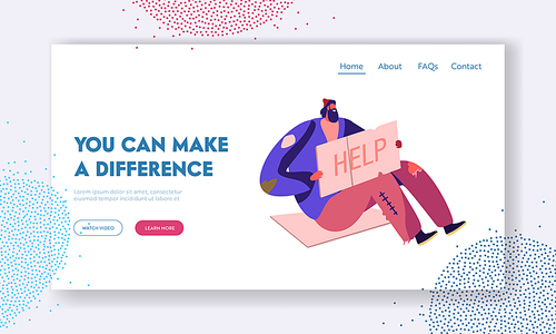 Poverty Unemployment Landing Page. Homeless Jobless Poor Man Sitting on Ground with Nameplate. Male Beggar Character with Sign Cardboard Ask for Help Web Page Banner. Cartoon Flat Vector Illustration