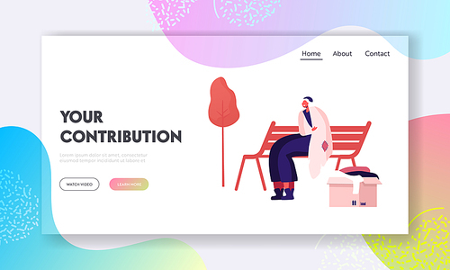 Homeless Woman Get Donation Website Landing Page. Unemployed Female Character Sitting on Bench in Park Wrapping to Old Plaid, Box with Clothes nearby Web Page Banner. Cartoon Flat Vector Illustration