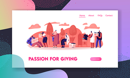Donation Charity and Support to Beggars Website Landing Page. Volunteers Help Homeless Poor Unemployed People Living on Street Giving Food and Clothes Web Page Banner. Cartoon Flat Vector Illustration