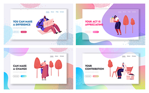 Kind Characters Care About People Website Landing Page Set. Volunteers Bringing Donations to Beggars Living on Street. Social Support and Help to Poor Web Page Banner. Cartoon Flat Vector Illustration