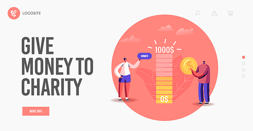 Charity Landing Page Template. Contribution, Tiny Male Female Character Making Donation Help to People in Need. Collecting Money Using Mobile App. Man and Woman Donate. Cartoon Vector Illustration