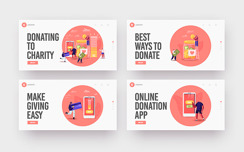 Donation, Volunteer Charity Landing Page Template Set. Tiny Characters Throw Coins and Bills into Huge Glass Jar for Donate. People Give Money Using Smartphone Application. Cartoon Vector Illustration