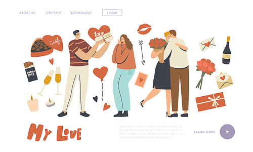 Loving Couple Characters Celebrate Valentines Day Landing Page Template. Man Giving Heart and Bouquet to Girl. Human Love Relation, Romantic Valentine Dating Concept. Linear People Vector Illustration