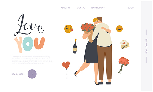 Couple Characters Dating Landing Page Template. Man Give Present to Girlfriend. Cute Girl Happy to Get Bouquet of Flowers from Boyfriend for Valentine Day Holiday. Linear People Vector Illustration