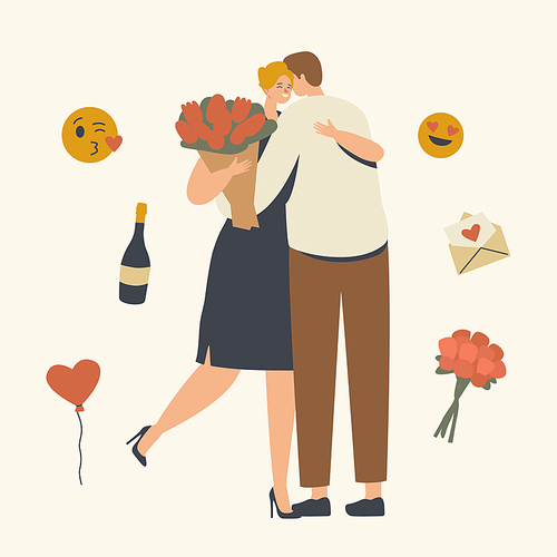 Couple Characters Dating. Man Give Present to Girlfriend. Cute Surprised Girl Happy to Get Bouquet of Flowers from Boyfriend for Valentine Day Holiday, Love Relation. Linear People Vector Illustration