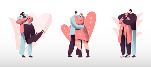 Loving Couples Set. Young Heterosexual People in Love Spend Time Together, Man and Woman Walking Outdoors, Hugging and Kissing. Romance Togetherness Harmony Relations. Cartoon Flat Vector Illustration