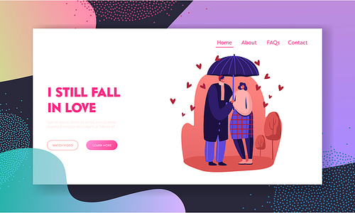 Loving Man and Woman Dating Outdoor Website Landing Page. Happy Couple Hugging, Holding Hands and Walking under Umbrella in Rainy Autumn Weather Web Page Banner. Cartoon Flat Vector Illustration