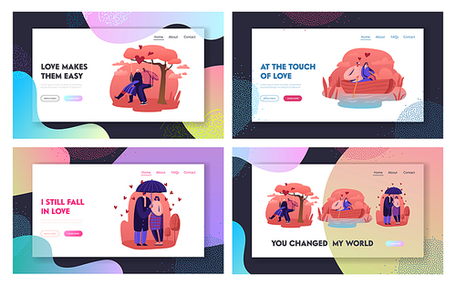 Loving Couples Outdoor Leisure Website Landing Page. Young People in Love Spend Time Together, Man and Woman Walking, Floating Boat and Riding Swing Web Page Banner. Cartoon Flat Vector Illustration