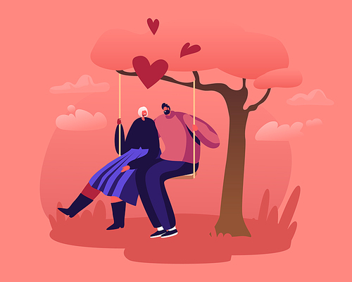 Young Couple Riding Seesaw In Park Outdoors. Happy Woman and Man on Teeterboard Swinging, Flying High on Nature Landscape Background. Romantic Dating Love and Dreams Cartoon Flat Vector Illustration