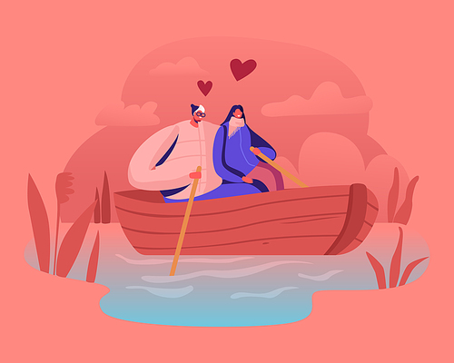 Young Happy Couple of Man and Woman Floating Boat at Water Surface. Male and Female Characters Hugging, Rowing with Paddle. Summertime Vacation Loving People Sparetime Cartoon Flat Vector Illustration