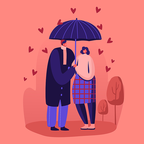 Loving Man and Woman Dating. Happy Couple Hugging, Holding Hands, Walking under Umbrella in Rainy Autumn Weather. Romantic Relations, Fall Day Promenade Together, Love Cartoon Flat Vector Illustration