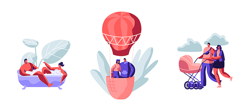 Loving Couple Spare Time Set. Happy Man and Woman Spending Weekend Together at Home and Outdoors, Sitting in Tub, Air Balloon Flight, Walking with Baby Stroller. Cartoon People Vector Illustration