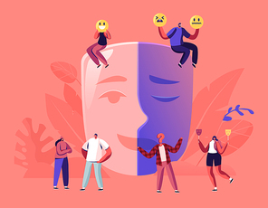 Hypocrisy Concept. Man and Woman Sitting on Huge Mask Separated on Smiling and Sad Crying Parts. Male and Female Characters Lying to Each Other, Hide Real Emotions Cartoon Flat Vector Illustration