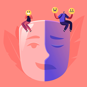 Man and Woman Sitting on Huge Mask Separated on Opposite Emotions with Smiling and Sad Crying Parts. Male Female Characters Cover Face with Smiles. Hypocrisy Concept Cartoon Flat Vector Illustration