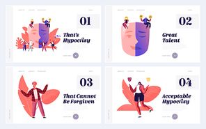 Hypocrisy, Lie and Insincerity Website Landing Page. Hypocrite People Hide Real Feelings, People Lying and Hiding Emotions Wearing Sad or Happy Mask Web Page Banner. Cartoon Flat Vector Illustration