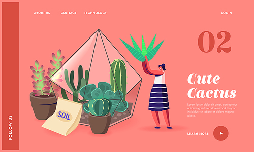 Girl and Potted Green Plants, Gardening, Flowers Planting Hobby Landing Page Template. Woman Growing Plants in Terrarium. Female Character Grow Cacti and Succulents. Cartoon Vector Illustration