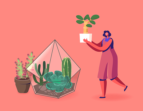 Gardening, Flowers Planting Hobby. Woman Growing Plants in Terrarium Concept. Female Character Grow Cacti and Succulents in Pots at Home, Girl Carry Potted Green Plant. Cartoon Vector Illustration
