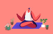 Relaxed Male Character Sitting in Yoga Lotus Posture Relaxing and Meditate at Home with Succulent Plants. Man Enjoying Relaxation at Home Garden with Potted Cacti Plants. Cartoon Vector Illustration