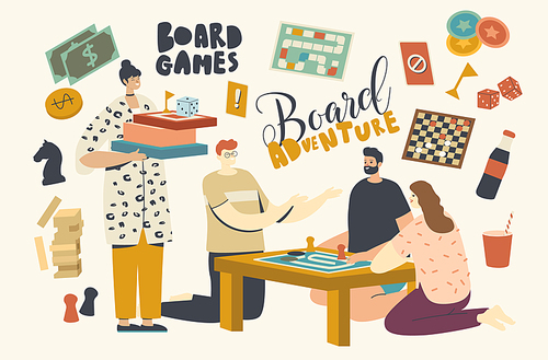 Characters Playing Board Games. Group of Young People Play Together on Weekend Sitting Around Table. Joyful Sparetime in Friends Company, Leisure, Recreation Fun, Amusement. Linear Vector Illustration