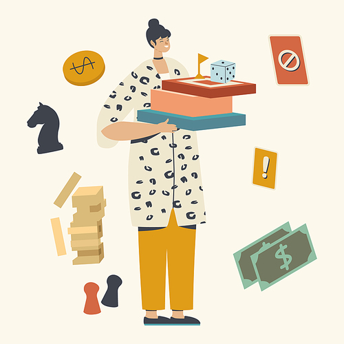 Female Character Holding Equipment for Playing Board Game. Spare Time Recreation, Weekend Home Activity, Leisure and Happy Relax with Friends or Family, Entertainment Hobby. Linear Vector Illustration