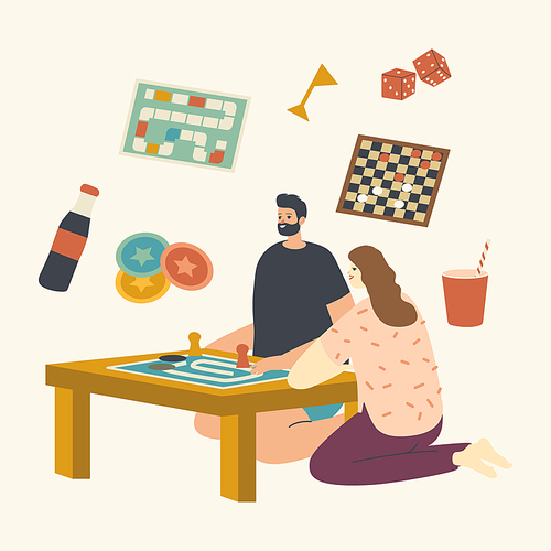 Young Male and Female Characters Sitting at Table Playing Board Game. Couple Spare Time Recreation, Weekend Activity, Leisure and Happy Relax with Friend or Spouse. Linear People Vector Illustration
